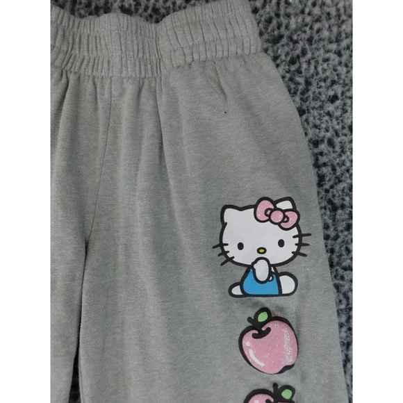 Hello Kitty Sanrio Gray Wide Leg Sweatpants Glitter Apple Graphic Womens Medium - Picture 3 of 9